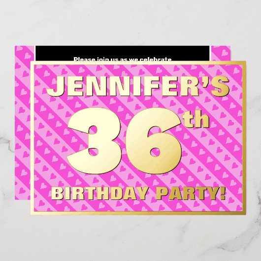 36th Birthday Party —おもしろいピンクのハートとストライプ 箔招待状 (正面/裏面)