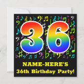 36th Birthday Party:おもしろいミュージックシンボルRainbow 36 招待状 (正面)