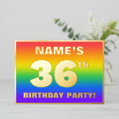 36th Birthday Party:おもしろい、レインボーカラフルパターン 箔招待状 (立ち正面)