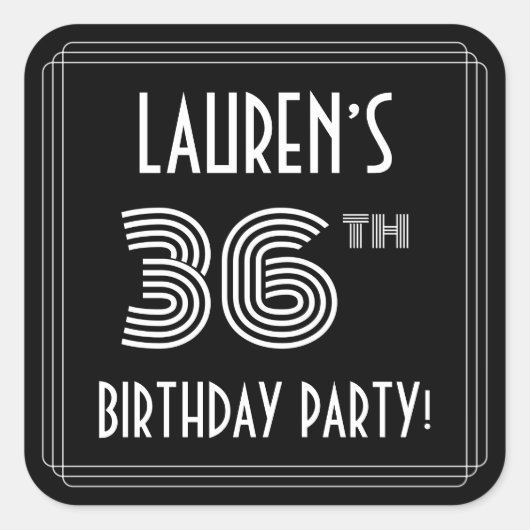 36th Birthday Party:アールデコスタイルと名前をカスタムする スクエアシール (正面)