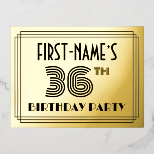 36th Birthday Party ～アールデコスタイル「36」 +名前 箔招待状ポストカード (正面)