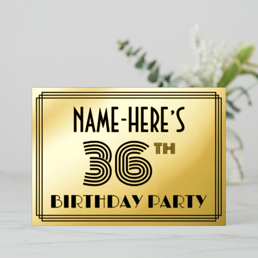 36th Birthday Party —アールデコスタイル「36」 & Name 箔招待状 (立ち正面)
