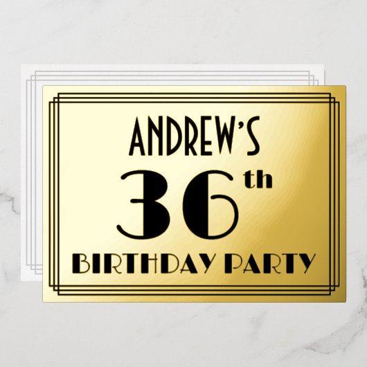 36th Birthday Party —アールデコ検索「36」 +名前 箔招待状 (正面/裏面)