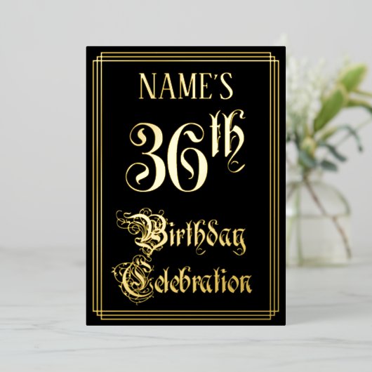 36th Birthday Party – スクリプファンシートと名前をカスタムする 箔招待状 (立ち正面)