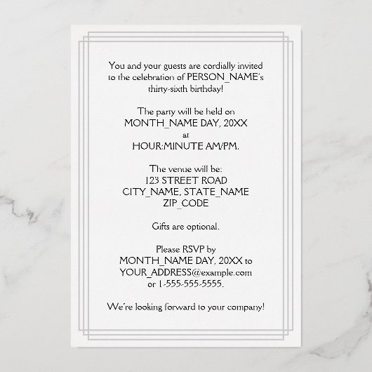 36th Birthday Party – スクリプファンシートと名前をカスタムする 箔招待状 (裏面)