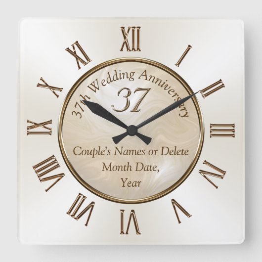 37パーソナライズされた周年記念クロック、アラバスター スクエア壁時計 (正面)