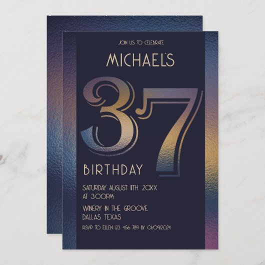 37日モダン濃い紫と金ゴールド 招待状 (正面/裏面)