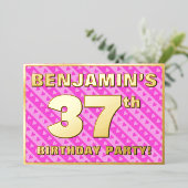 37歳の誕生日パーティー - 遊び心あふれるピンクのハートとストライプ 箔招待状 (立ち正面)