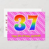 37歳の誕生日:ピンクのストライプとハート、虹色の37 ポストカード (正面/裏面)