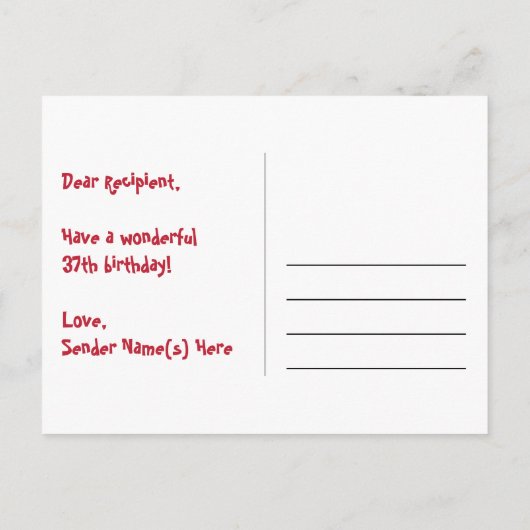 37歳の誕生日:ピンクのストライプとハート、虹色の37 ポストカード (裏面)
