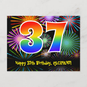 37歳の誕生日 – 楽しい花火模様 + レインボー 37 ポストカード