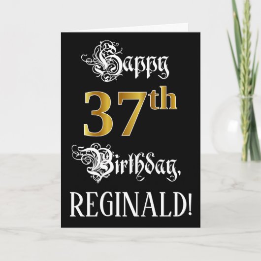 37番目の誕生日:ファンシースクリプト、フェイク金ゴールド・ルック、名前 カード (正面)