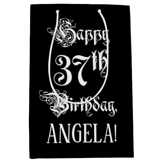 37番目の誕生日: ファンシー、スクリプエレガントト+名前をカスタムする ミディアムペーパーバッグ (正面)