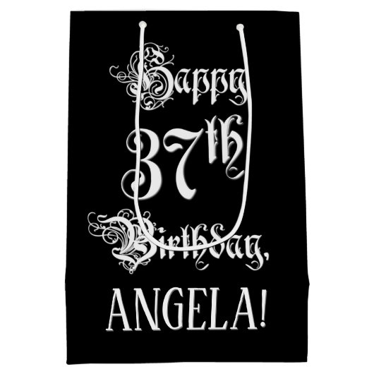 37番目の誕生日: ファンシー、スクリプエレガントト+名前をカスタムする ミディアムペーパーバッグ (裏面)