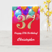 37誕生日の赤と金ゴールドカラフル風船 カード (黄色い花)