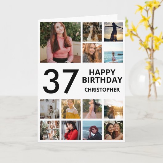 37誕生日フォトコラージュ13フォト白黒 カード (黄色い花)