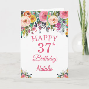 37誕生日水彩フローラ花ピンクのカード カード