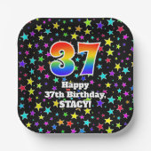 37誕生日:おもしろいスター柄と虹"37" ペーパープレート (正面)
