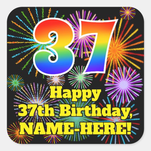 37誕生日:おもしろい花火ルック、虹# 37 スクエアシール (正面)