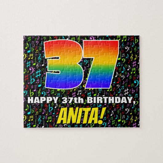 37誕生日:おもしろい、カラフル音楽シンボル、「37」 ジグソーパズル (横)