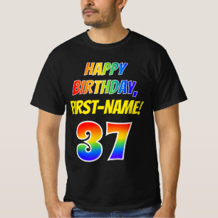 37誕生日:はっきりした、おもしろい、レインボー37、名前をカスタムする Tシャツ