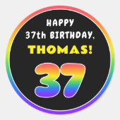 37誕生日:カラフルレインボー# 37、名前をカスタムする ラウンドシール (正面)