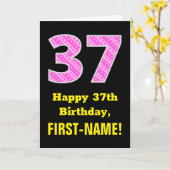 37誕生日:ピンクストライプのハートと37" +名前 カード (黄色い花)