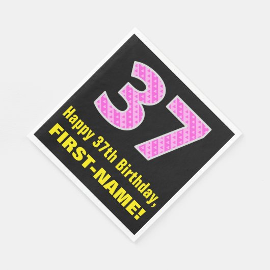 37誕生日:ピンクストライプのハートと37" +名前 スタンダードランチョンナプキン (角)