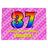 37誕生日：ピンクストライプのハート、レインボー# 37 ラージペーパーバッグ (正面)