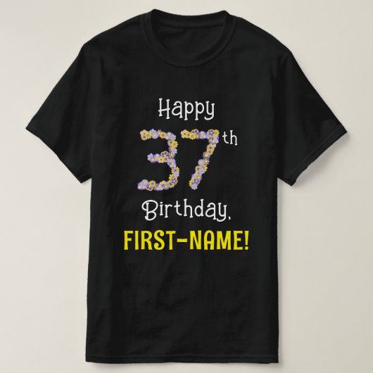 37誕生日:フローラ花数"37" +名前 Tシャツ (デザイン正面)