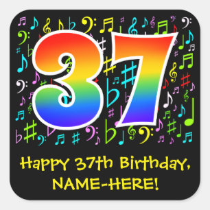 37誕生日:ミュージカラフルックシンボル，レインボー37 スクエアシール