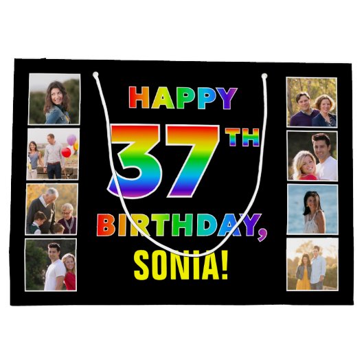 37誕生日:レインボー文字カスタム、写真&名前 ラージペーパーバッグ (裏面)