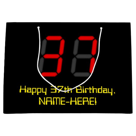 37誕生日：レッドデジタルクロックスタイル"37" +名前 ラージペーパーバッグ (正面)
