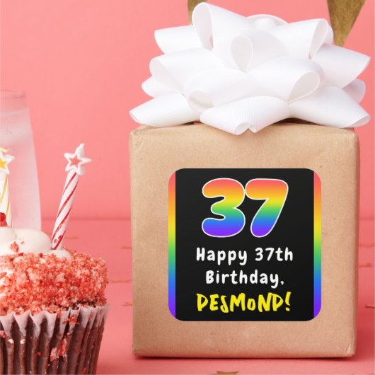 37誕生日: Rainbow Spectrum # 37、名前をカスタムする スクエアシール (パーティー)