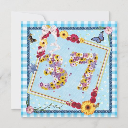 37th誕生日パーティー招待花、蝶 招待状 (正面)