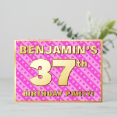 37th Birthday Party —おもしろいピンクのハートとストライプ 箔招待状 (立ち正面)
