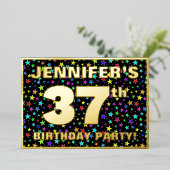 37th Birthday Party —おもしろい、スターカラフルズ・パターン 箔招待状 (立ち正面)