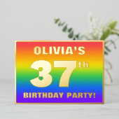 37th Birthday Party:おもしろい、レインボーカラフルパターン 箔招待状 (立ち正面)