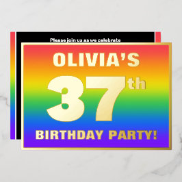 37th Birthday Party:おもしろい、レインボーカラフルパターン 箔招待状