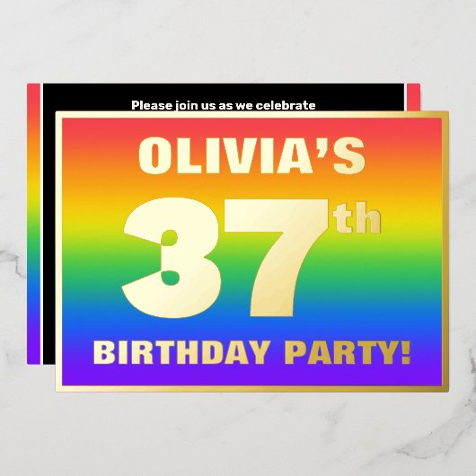 37th Birthday Party:おもしろい、レインボーカラフルパターン 箔招待状 (正面/裏面)