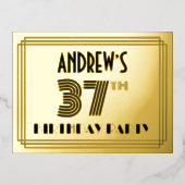 37th Birthday Party ~アールデコスタイル「37」 +名前 箔招待状ポストカード (正面)