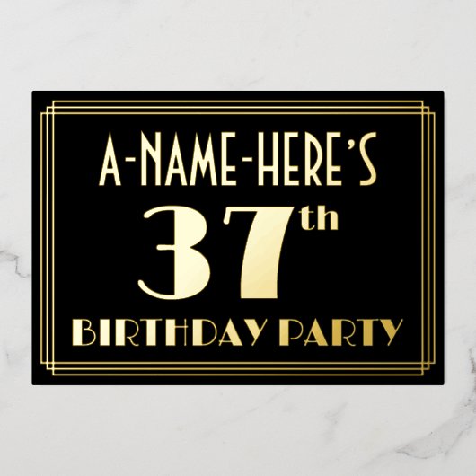 37th Birthday Party:アールデコルック"37"、名前 箔招待状 (正面)