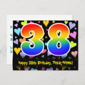 38歳の誕生日おめでとう:楽しいハート柄、虹色の38 ポストカード (正面/裏面)