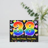 38歳の誕生日おめでとう:楽しいハート柄、虹色の38 ポストカード (スタンド正面)