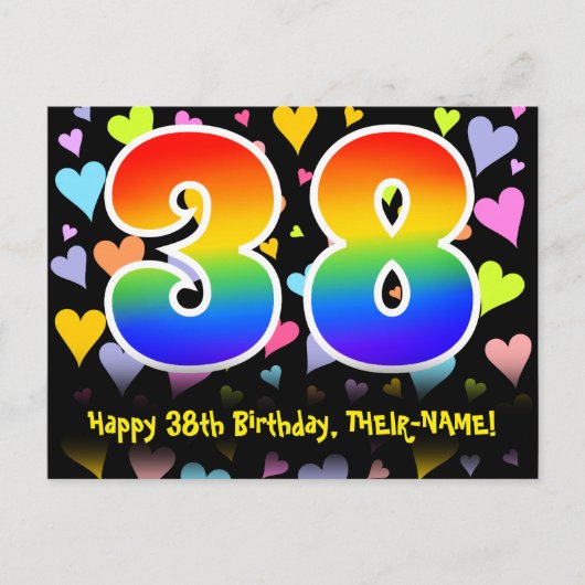 38歳の誕生日おめでとう:楽しいハート柄、虹色38 ポストカード (正面)