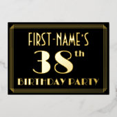 38歳の誕生日パーティー：アートデコ風「38」デザイン 箔招待状 (正面)
