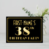 38歳の誕生日パーティー：アートデコ風「38」デザイン 箔招待状 (立ち正面)