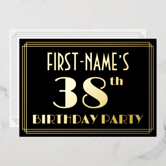 38歳の誕生日パーティー：アートデコ風「38」デザイン 箔招待状 (正面/裏面)