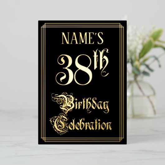 38歳の誕生日パーティー - ファンシーな筆記体とカスタムネーム 箔招待状 (立ち正面)