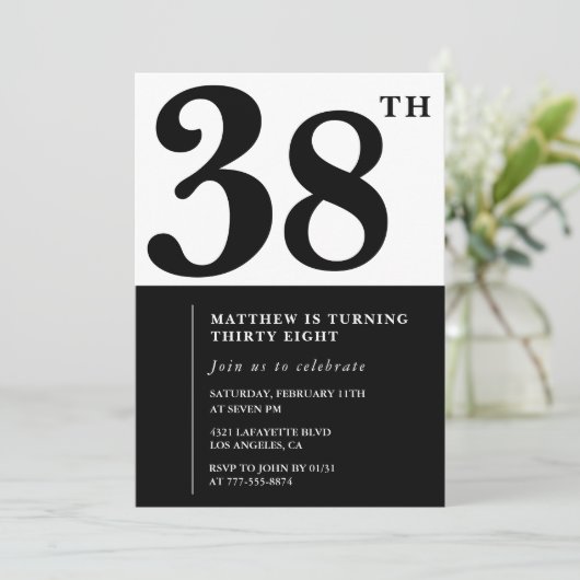 38歳の誕生日招待状白黒エレガント 招待状 (スタンド正面)